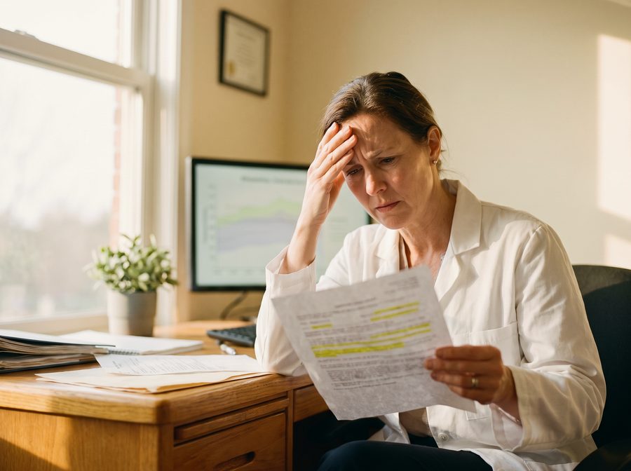 A physician at her desk, hand pressed to her forehead, reading a printed report with several lines highlighted.