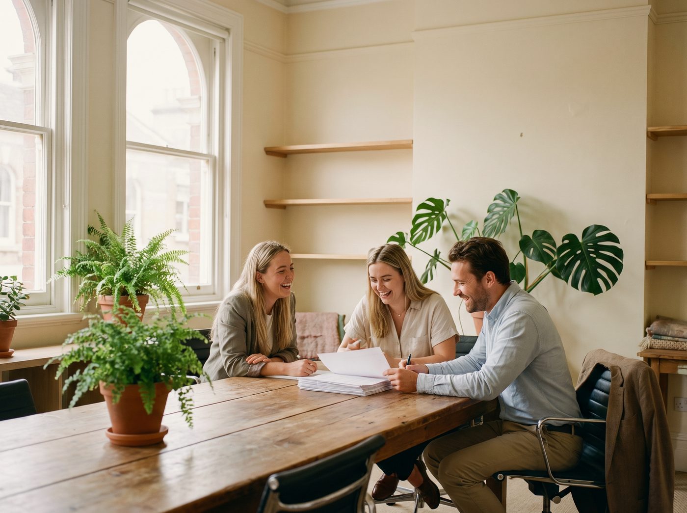 Three VisMed team members laughing over a printed report at a long table in a bright, plant-filled office.
